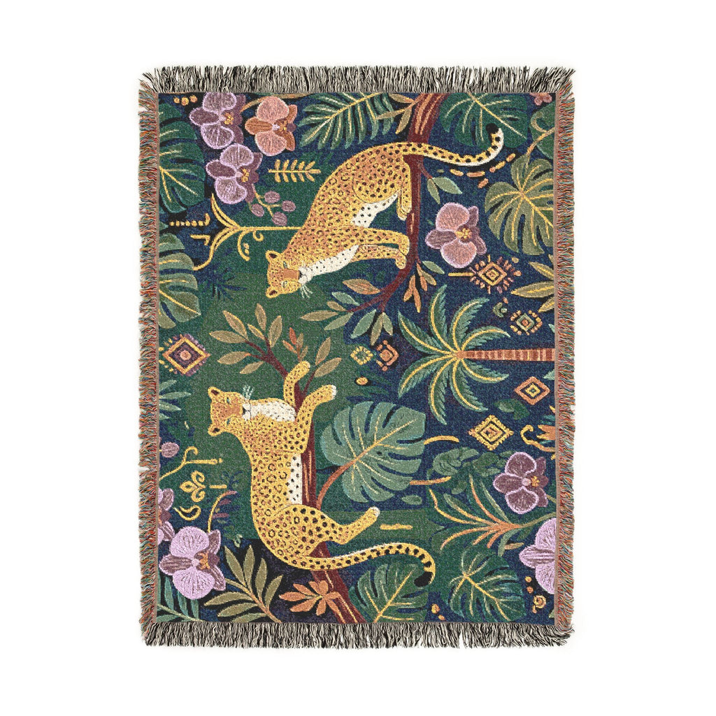 Jungle Leopard Tapestry Woven Blanket | Tropical Foliage Throw