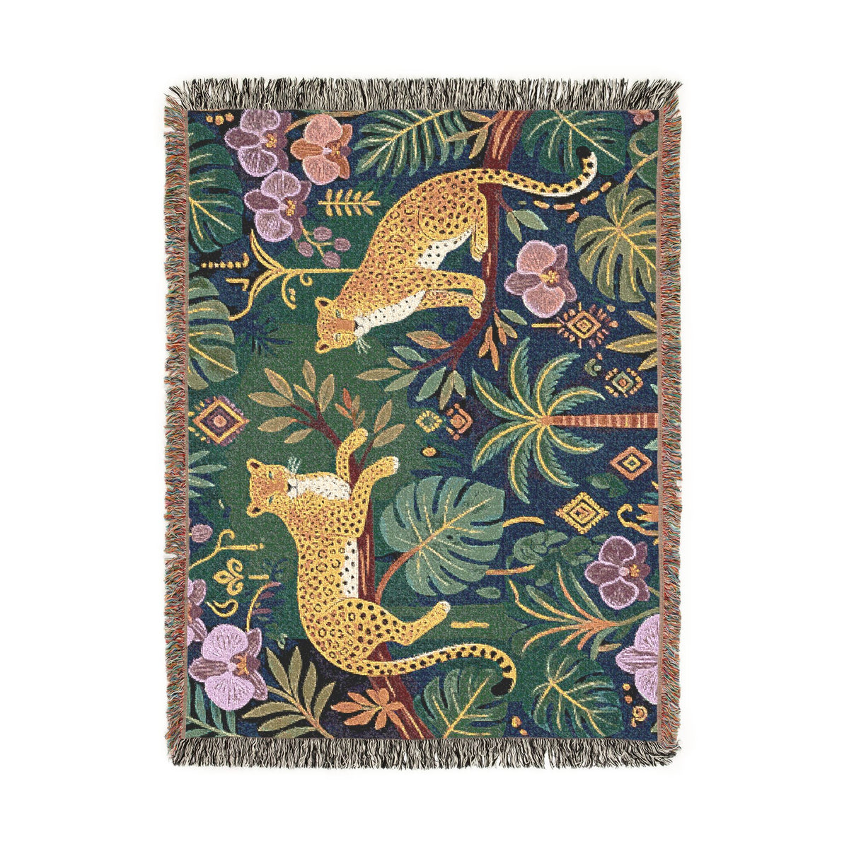 Jungle Leopard Tapestry Woven Blanket | Tropical Foliage Throw
