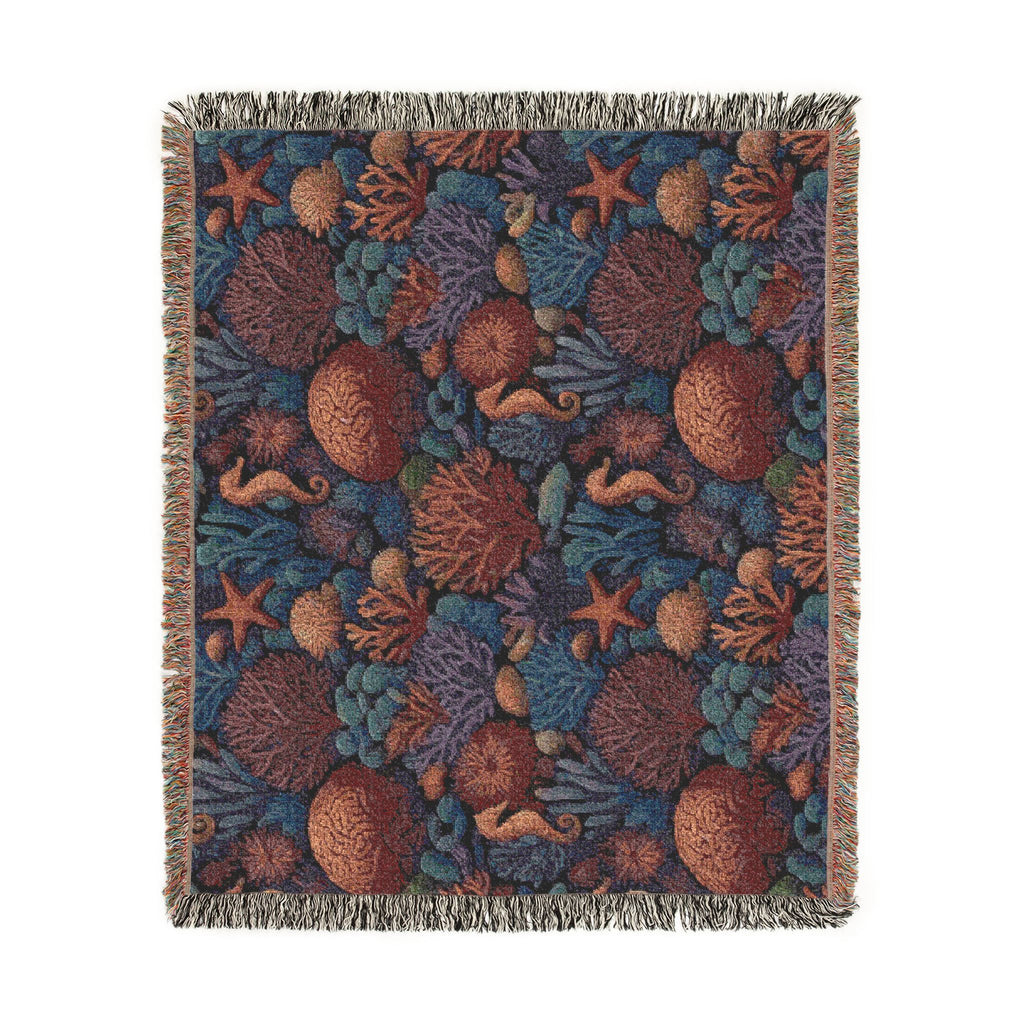 Underwater Coral Reef Woven Blanket | Seahorses, Starfish, Ocean Tapestry Throw