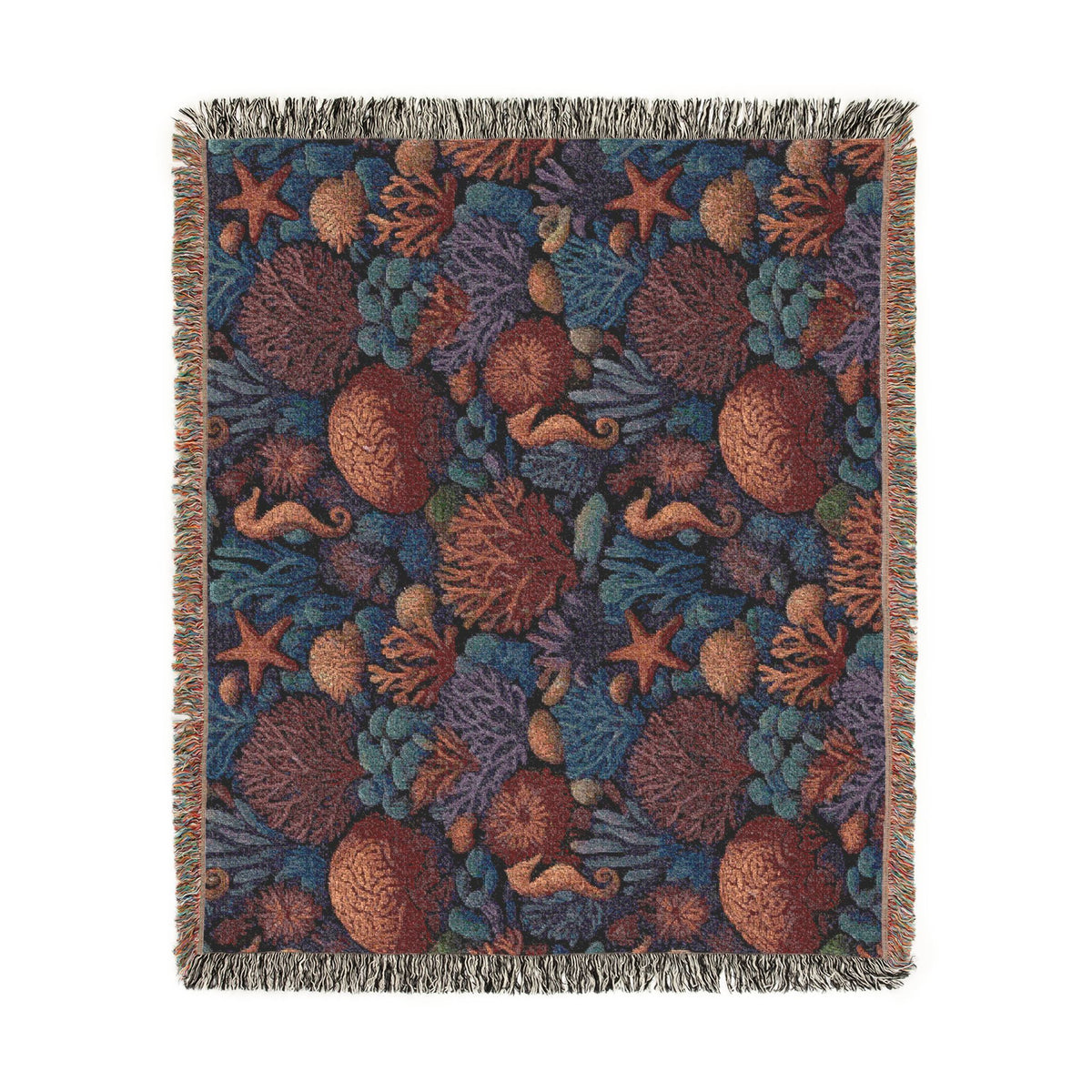 Underwater Coral Reef Woven Blanket | Seahorses, Starfish, Ocean Tapestry Throw