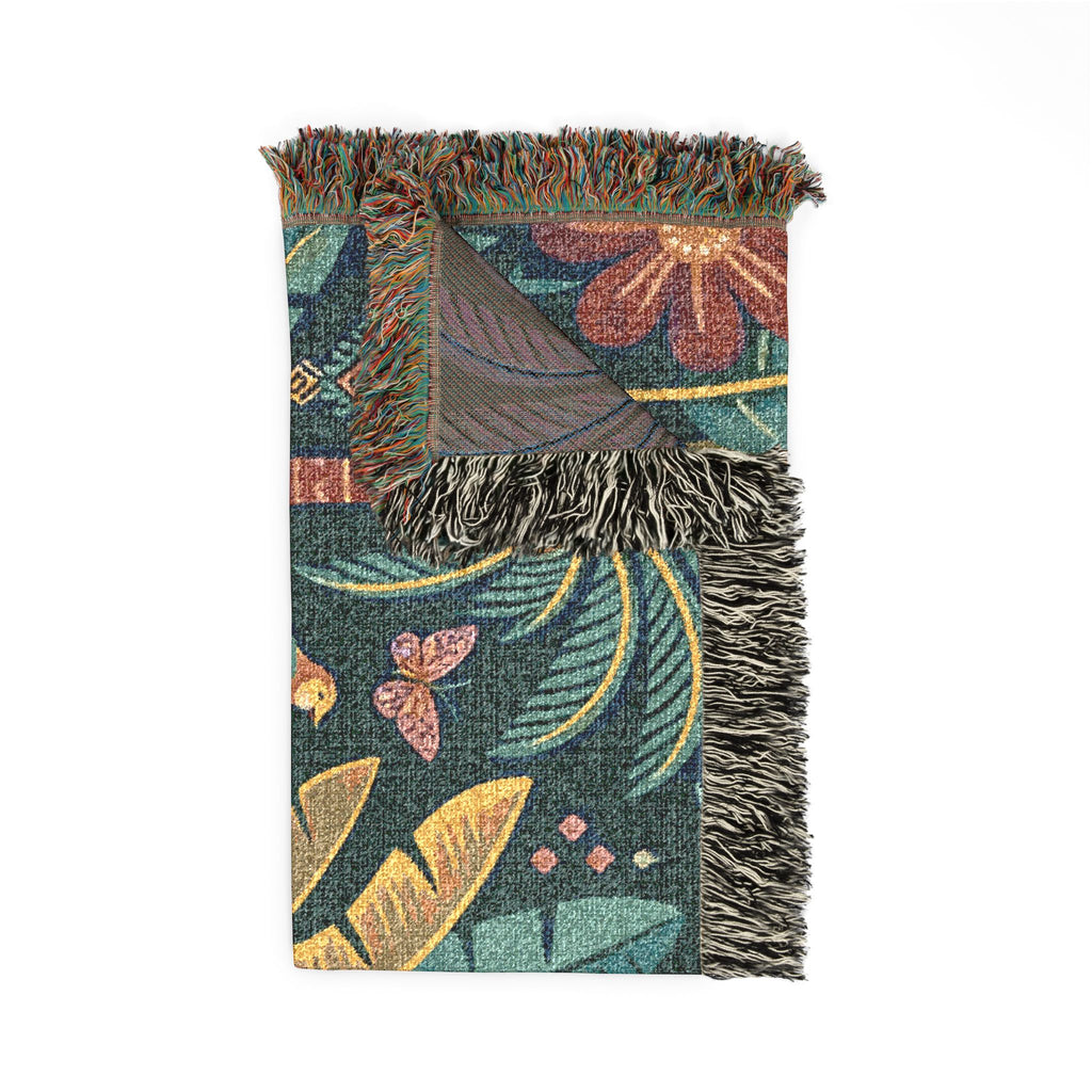 Tropical Leopard Tapestry woven blanket | jungle palm motif, floral tapestry throw