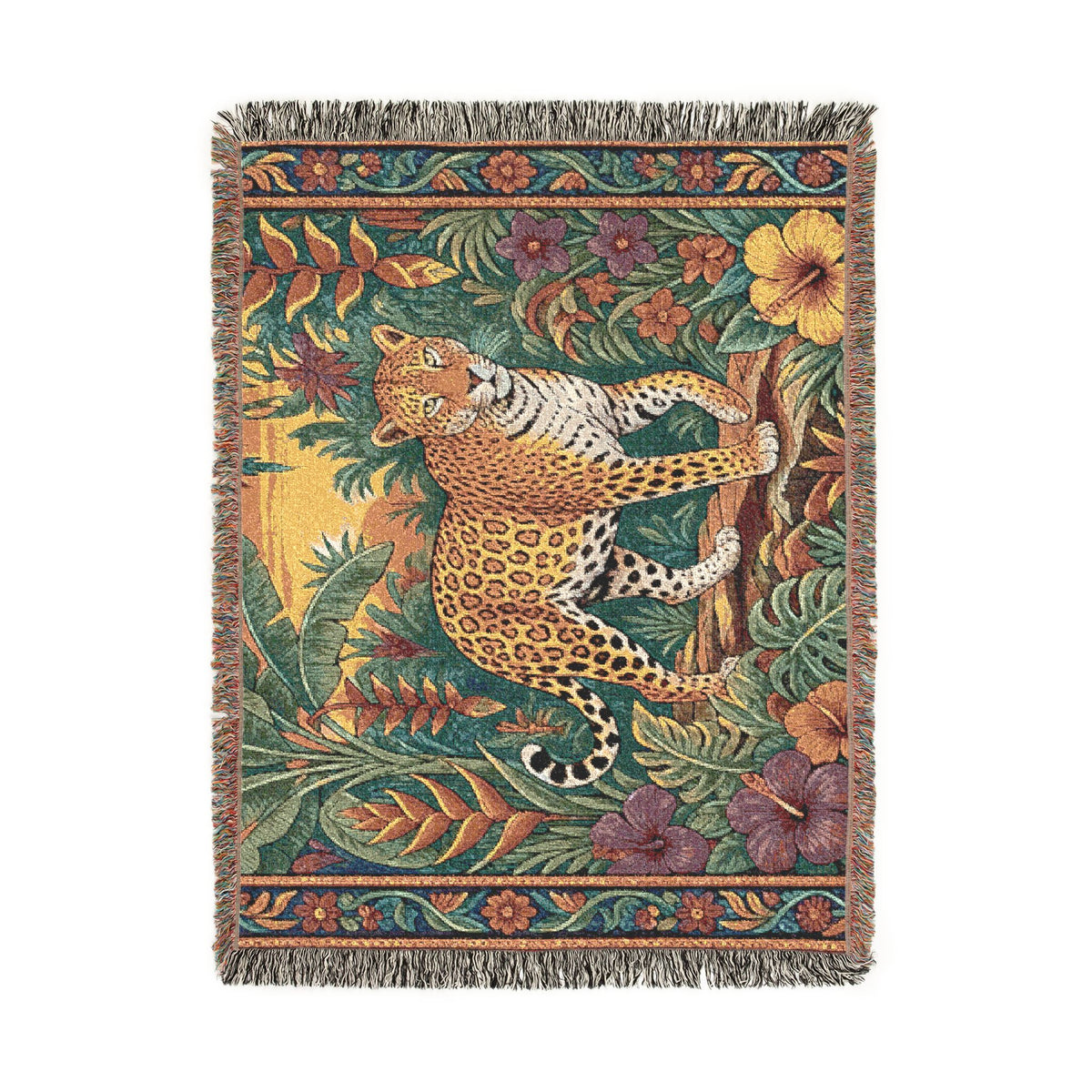 Jungle Leopard Woven Blanket | Tropical Floral Tapestry Throw