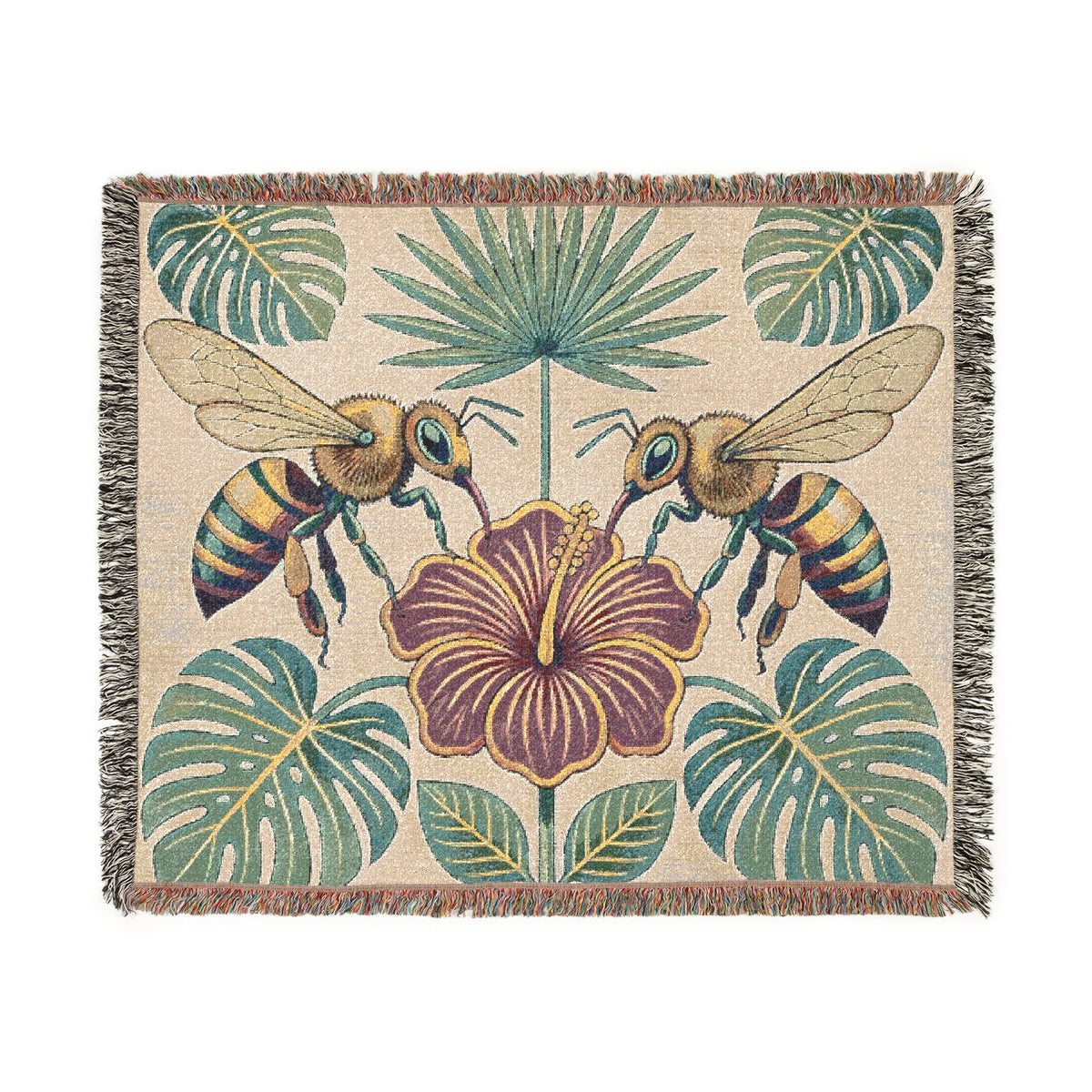 Hibiscus and Bees Woven Blanket | Tropical Floral Throw