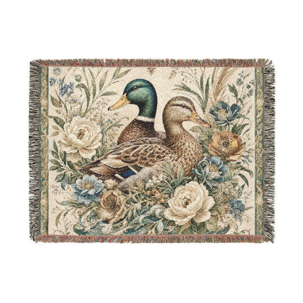 Mallard Duck floral tapestry Woven Blanket | Vintage Bird Throw Blanket