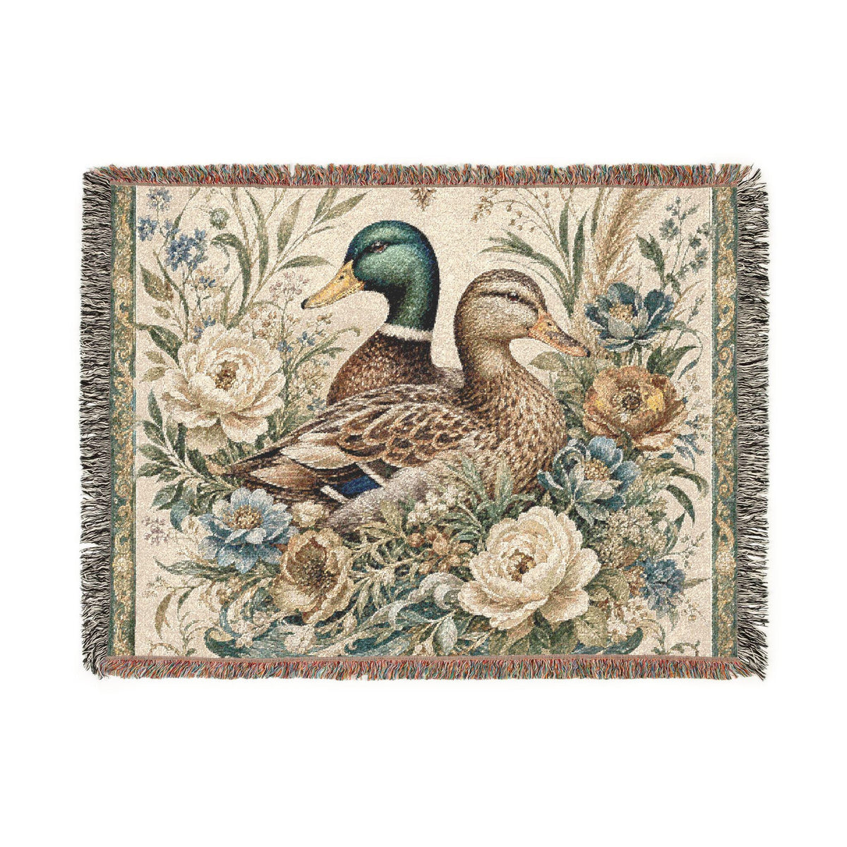 Mallard Duck floral tapestry Woven Blanket | Vintage Bird Throw Blanket