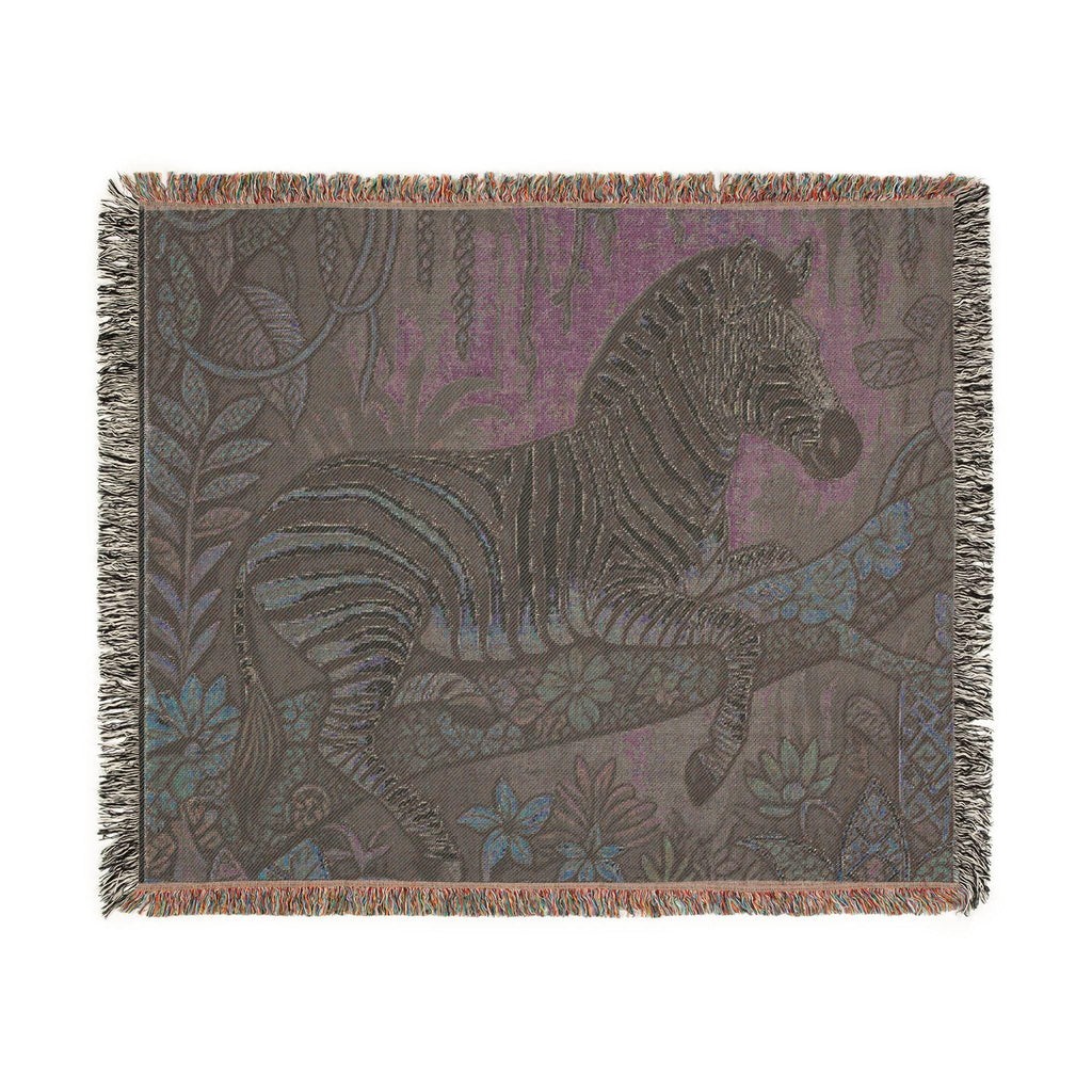 Zebra Tapestry Woven Blanket | Jungle Flora Pattern, Fringe Throw