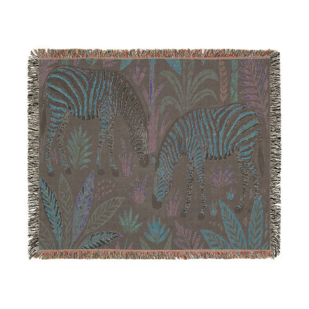 Striped Zebra Jungle Woven Blanket | Animal Print Throw, Botanical Motif