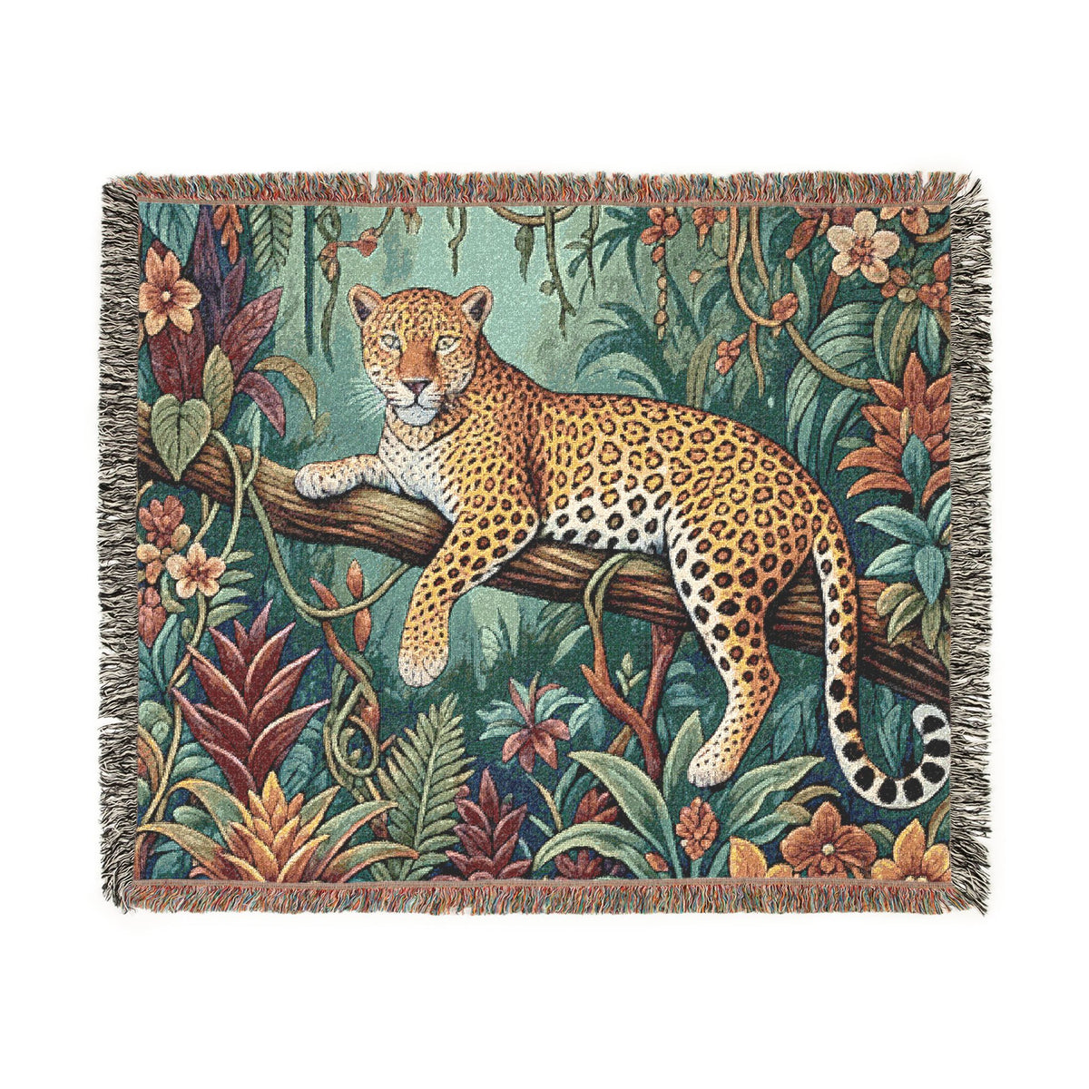 Leopard in Tropical Jungle Woven Blanket | Tapestry Throw with Fringe