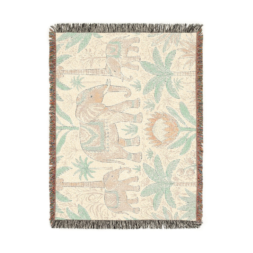 Boho Elephant Family Woven Blanket | Tropical Palm Tapestry Throw