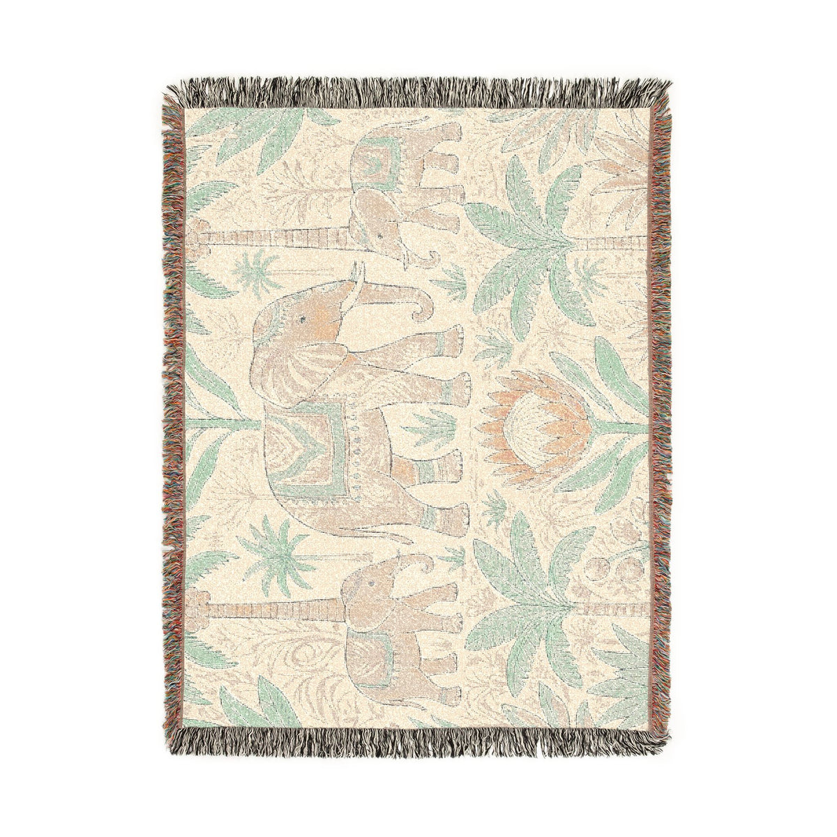 Boho Elephant Family Woven Blanket | Tropical Palm Tapestry Throw