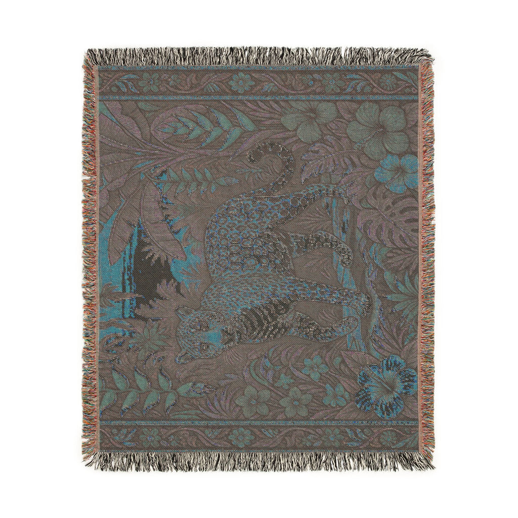 Jungle Leopard Woven Blanket | Tropical Floral Tapestry Throw