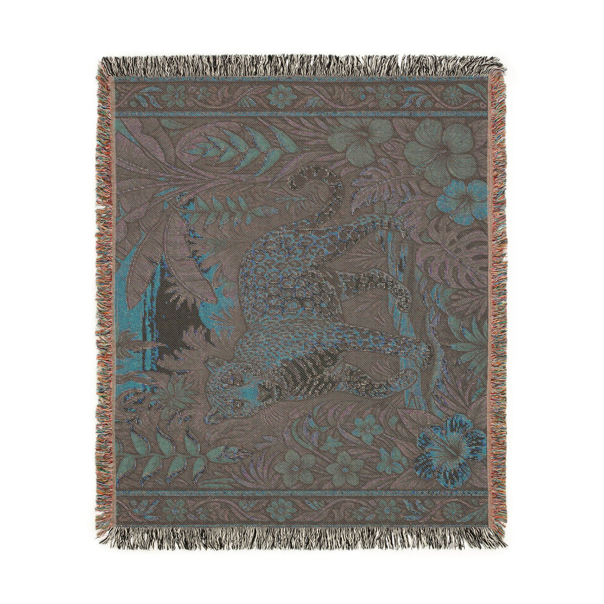 Jungle Leopard Woven Blanket | Tropical Floral Tapestry Throw