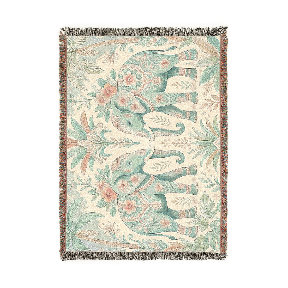 Boho Elephant Tapestry Woven Blanket | Palm Tree Floral Pattern