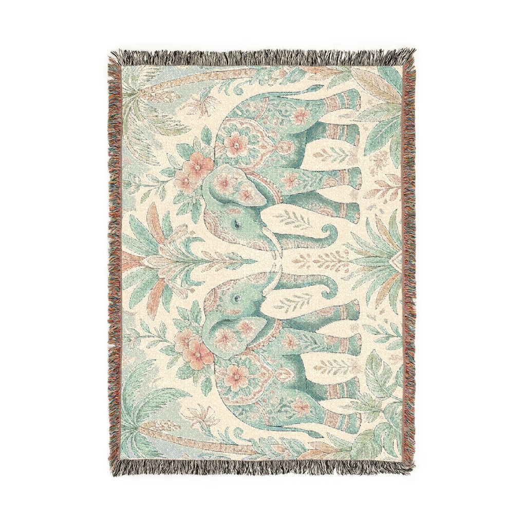 Boho Elephant Tapestry Woven Blanket | Palm Tree Floral Pattern