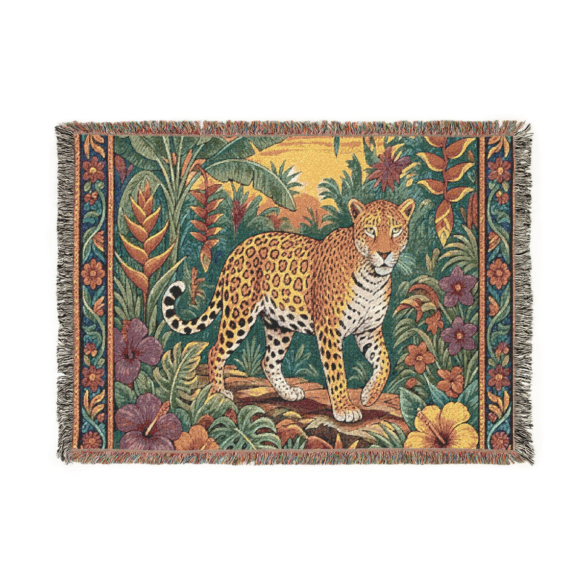 Jungle Leopard Woven Blanket | Tropical Floral Tapestry Throw