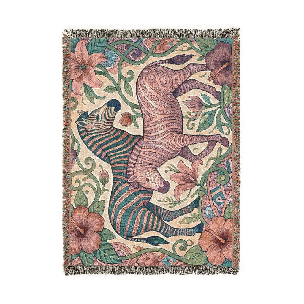 Zebra Floral Tapestry Woven Blanket | Horse Striped Animal Throw