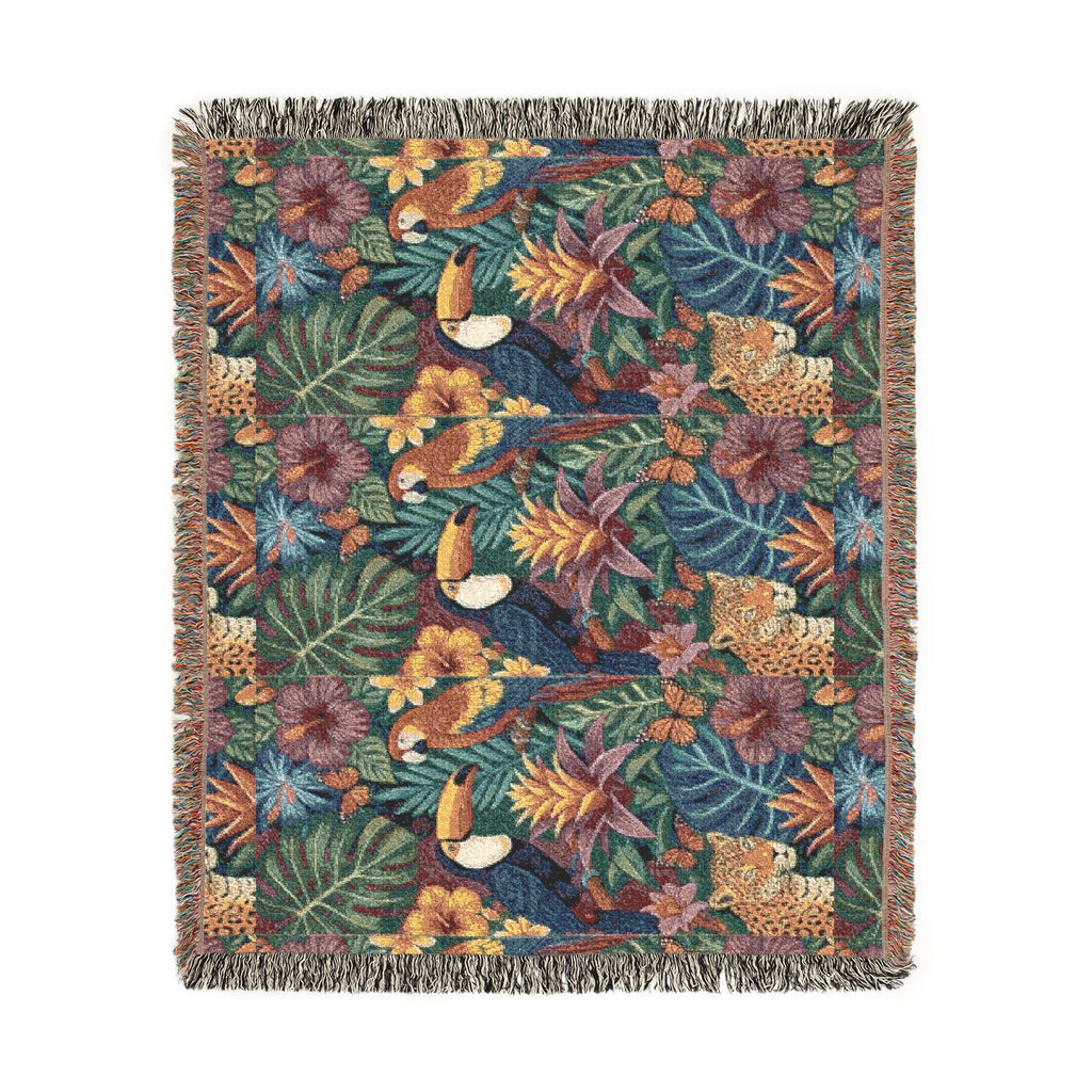 Tropical Toucan Floral Woven Blanket | Jungle Leaves Tapestry Throw
