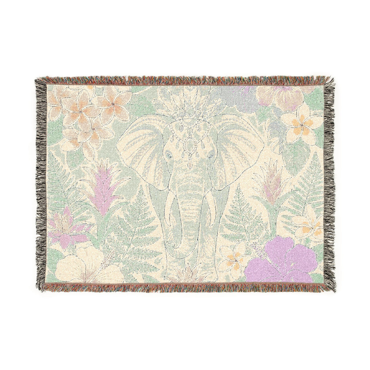 Floral Elephant Woven Blanket | Pastel Boho Jungle Throw