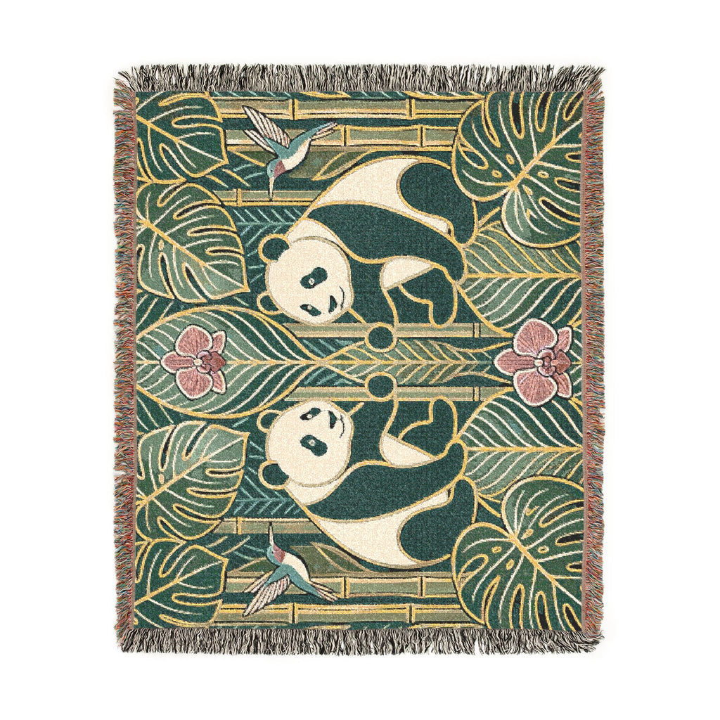 Art Nouveau Panda Woven Blanket | Bamboo Motif Throw