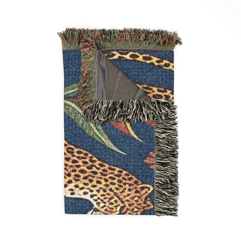 Two Sitting Leopards Woven Blanket | Botanical Motif, Tapestry Throw