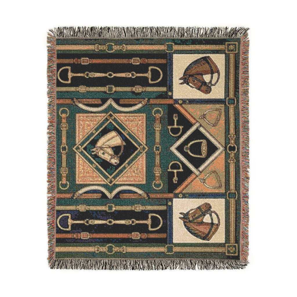 Equestrian Horse Bit Pattern Woven Blanket | Horse Head, Bridles, Stirrups