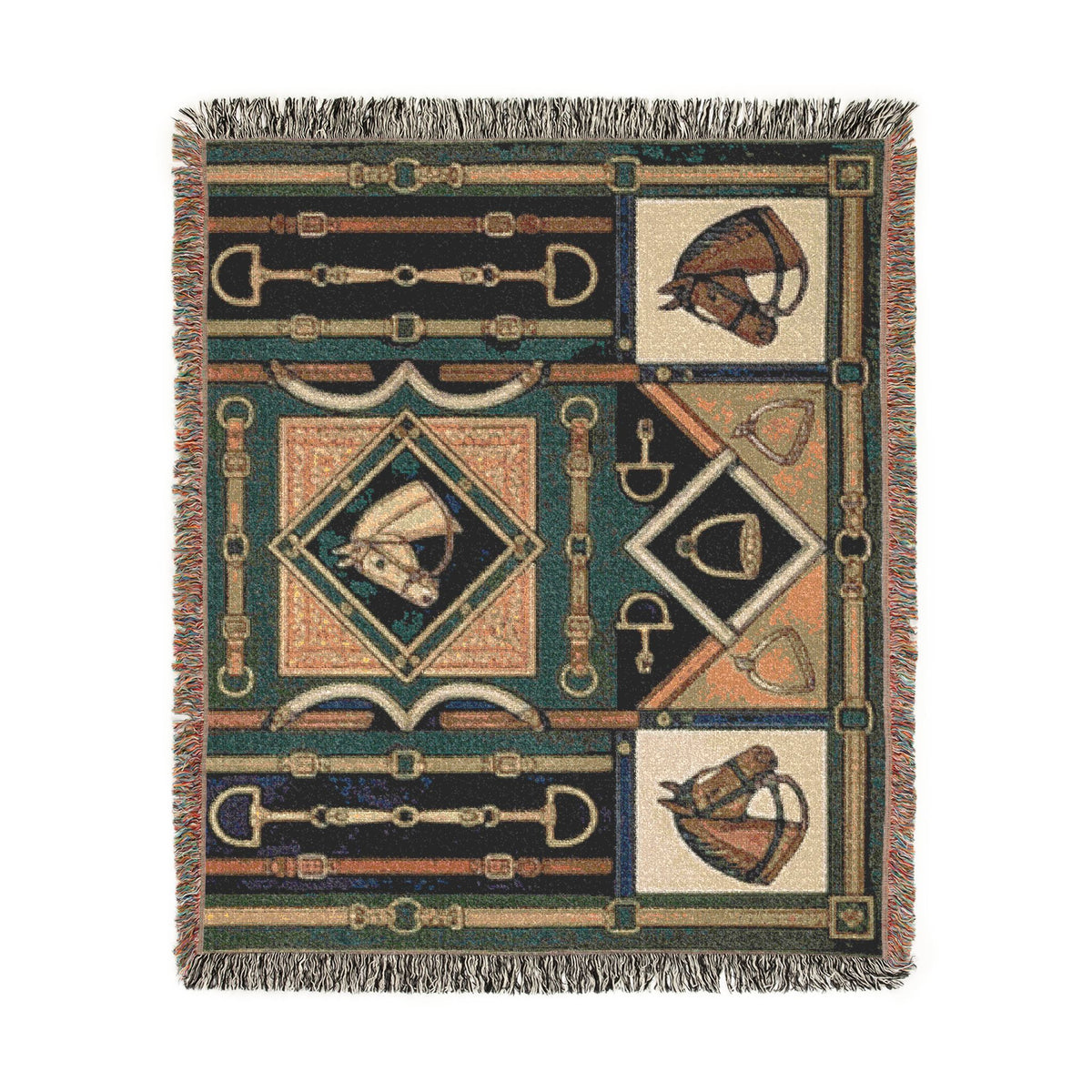 Equestrian Horse Bit Pattern Woven Blanket | Horse Head, Bridles, Stirrups