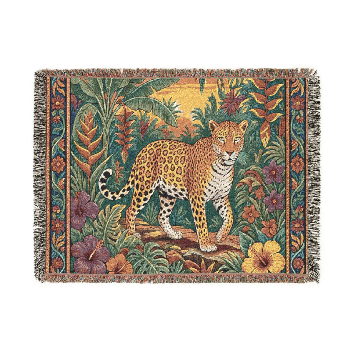 Jungle Leopard Woven Blanket | Tropical Floral Tapestry Throw