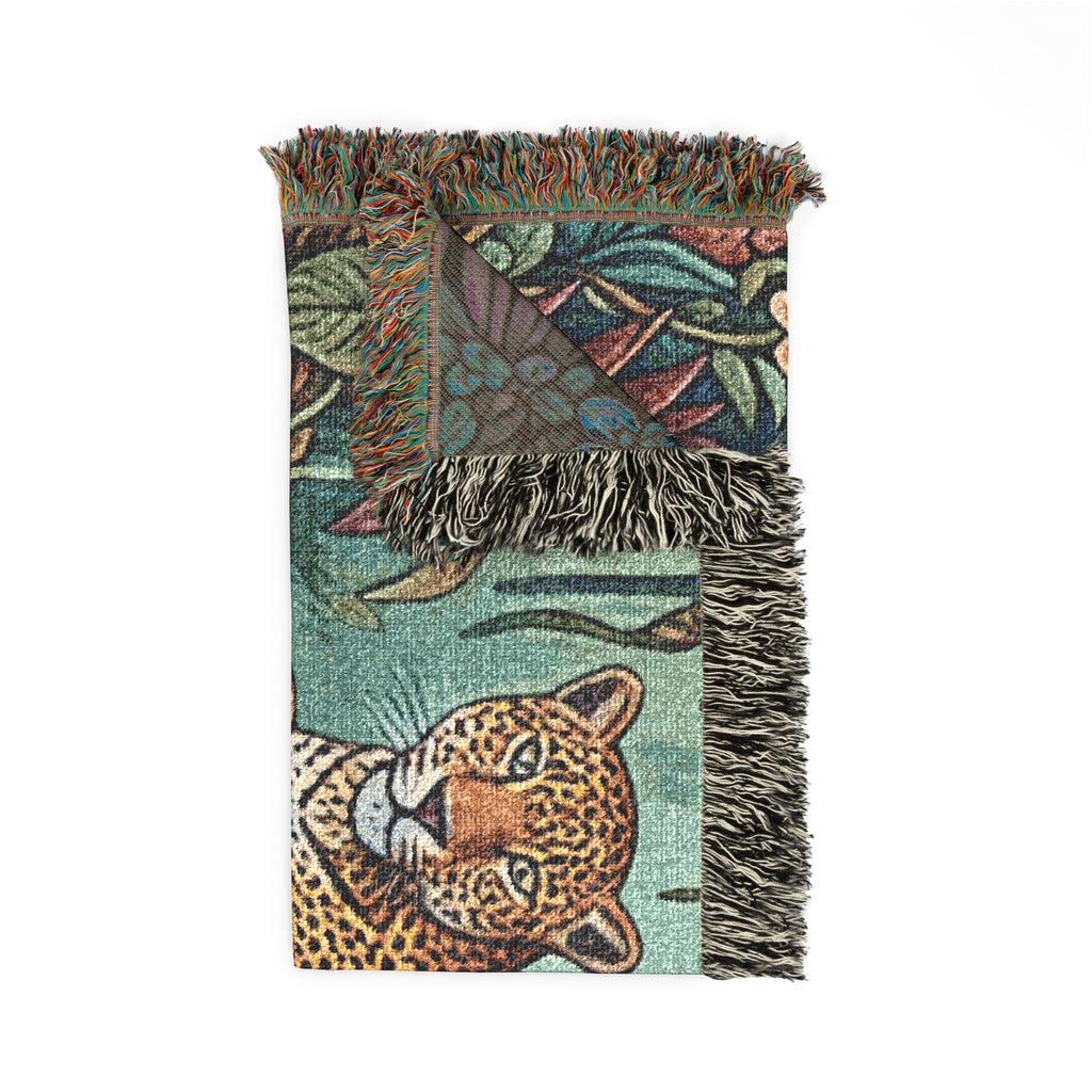 Leopard in Tropical Jungle Woven Blanket | Tapestry Throw with Fringe