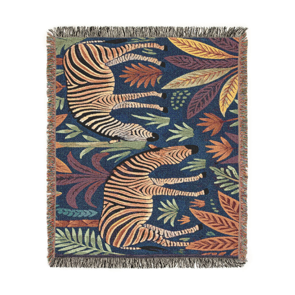 Striped Zebra Jungle Woven Blanket | Animal Print Throw, Botanical Motif