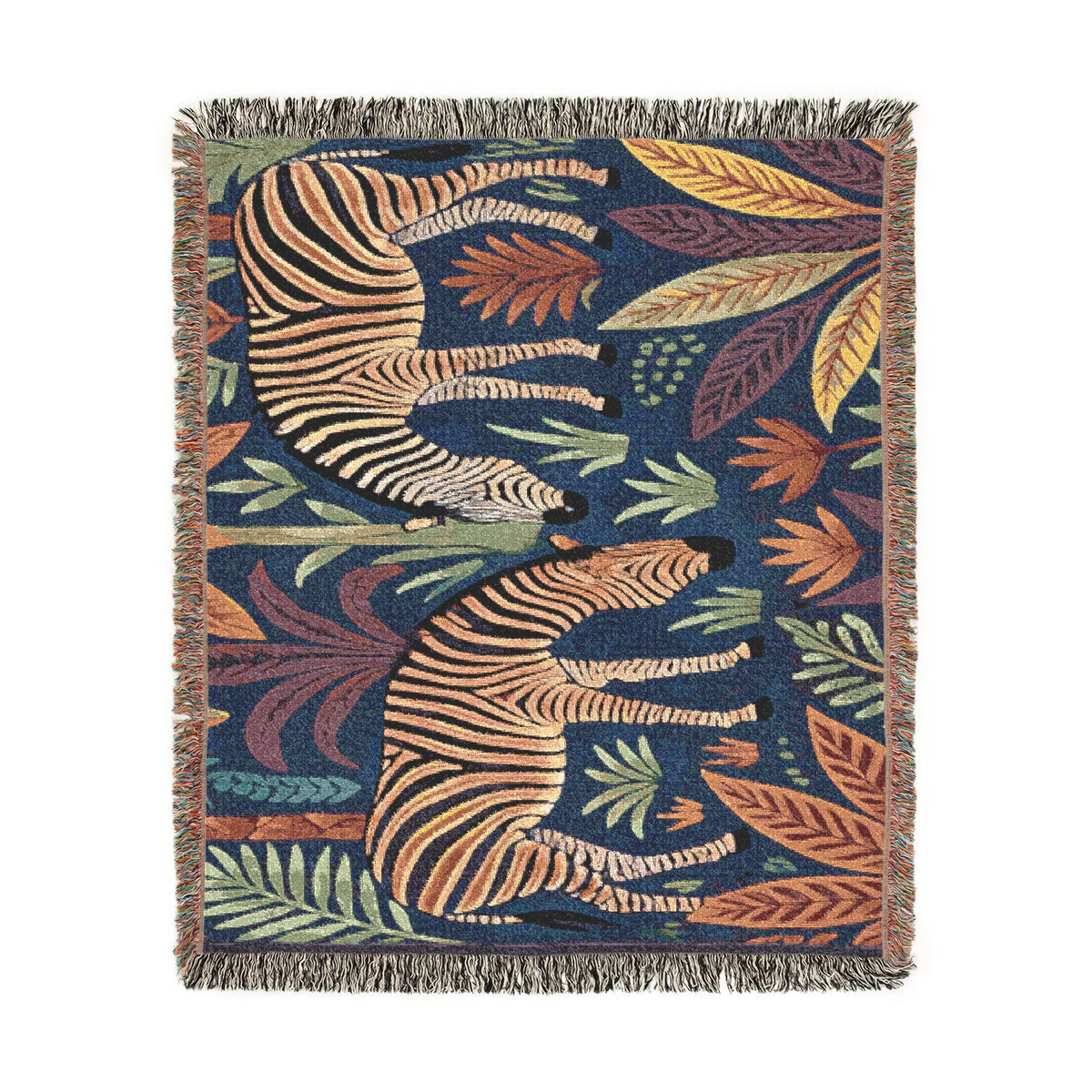 Striped Zebra Jungle Woven Blanket | Animal Print Throw, Botanical Motif