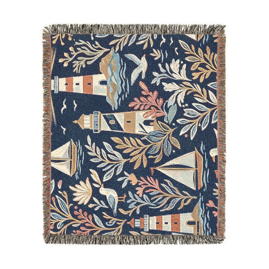 Nautical Lighthouse Sailboat Woven Blanket | Coastal Ocean Throw