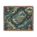 Fantasy Map Woven Blanket | Nautical Compass, Island Landscape Tapestry Throw Deep Sea