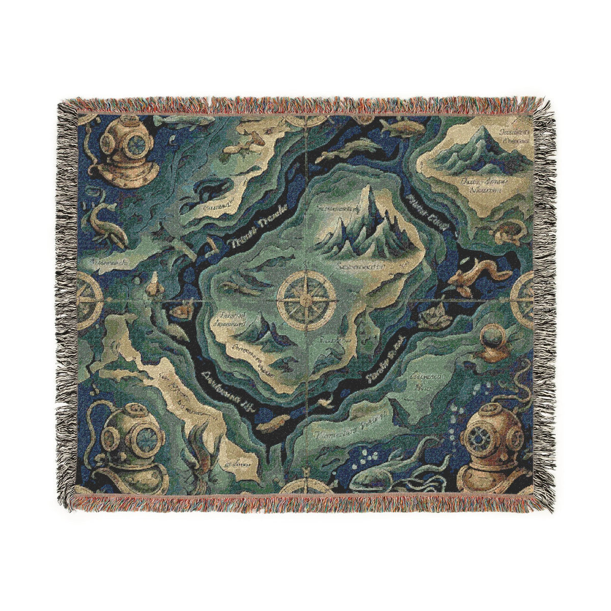Fantasy Map Woven Blanket | Nautical Compass, Island Landscape Tapestry Throw Deep Sea