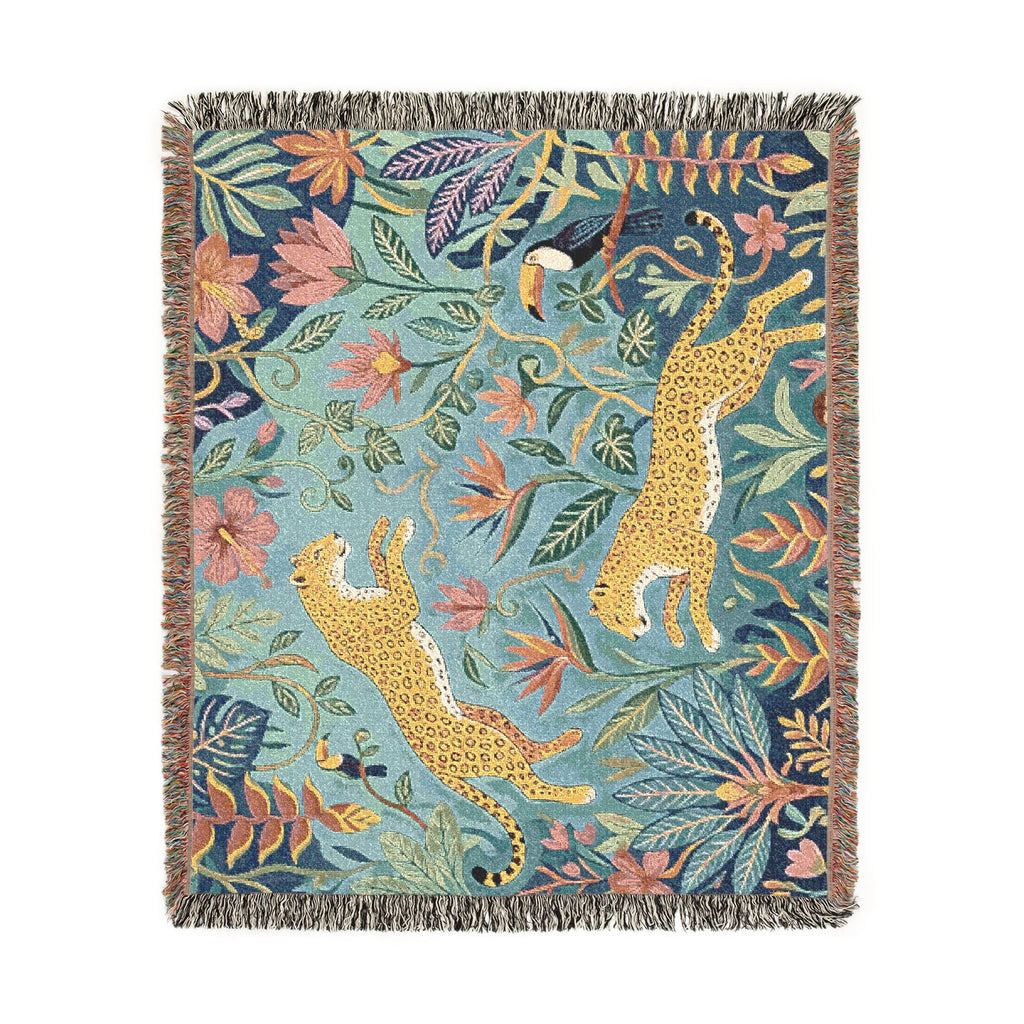 Leopard Jungle Tapestry Woven Blanket | Botanical Animal Throw