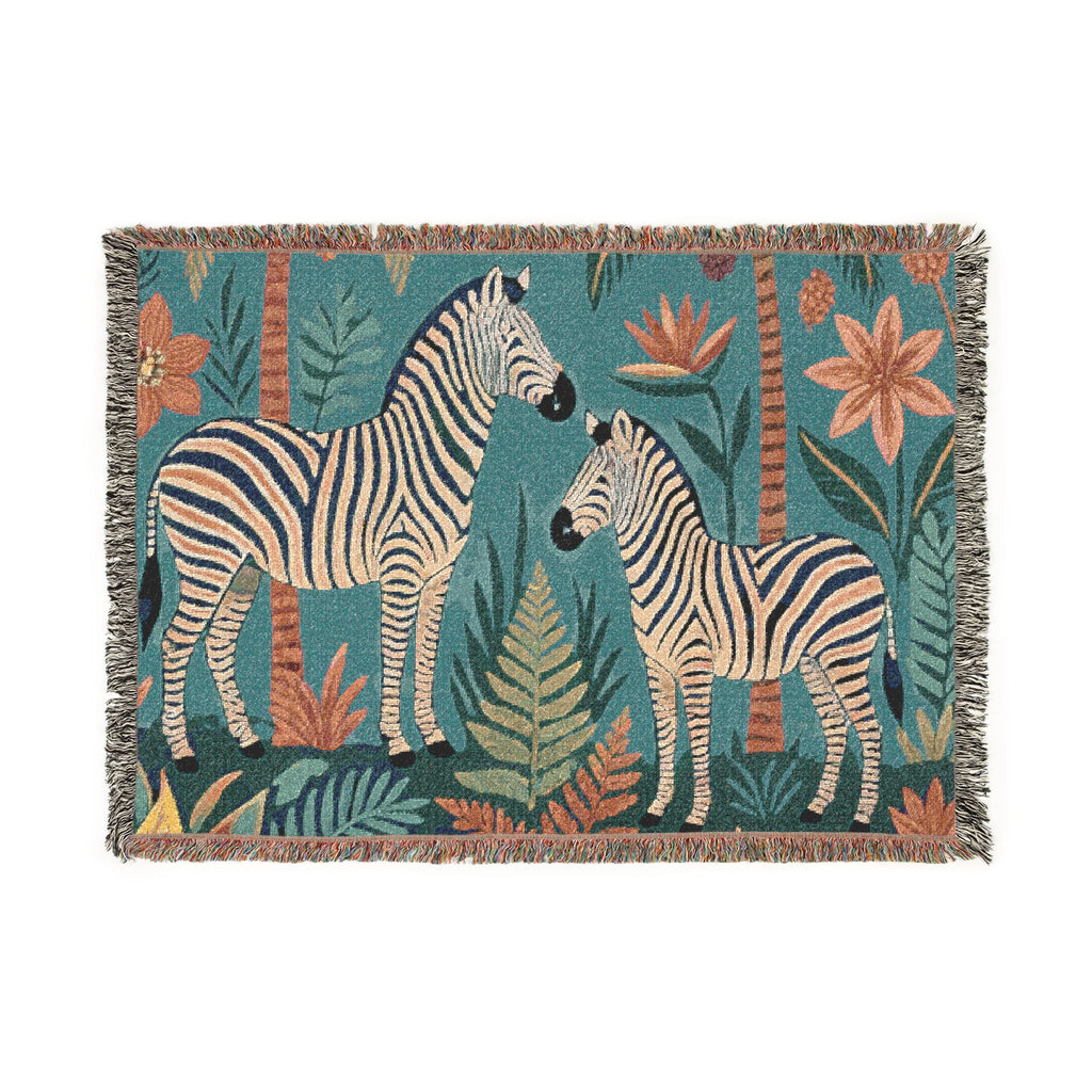 Zebra Jungle Illustration Woven Blanket | Animal Tapestry Throw