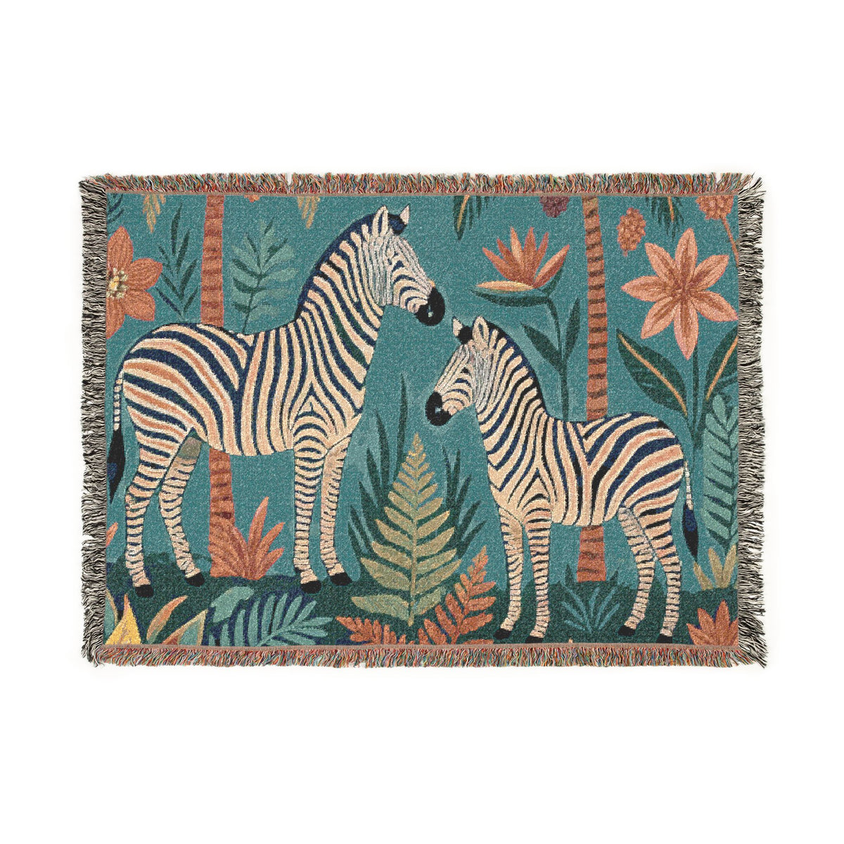 Zebra Jungle Illustration Woven Blanket | Animal Tapestry Throw