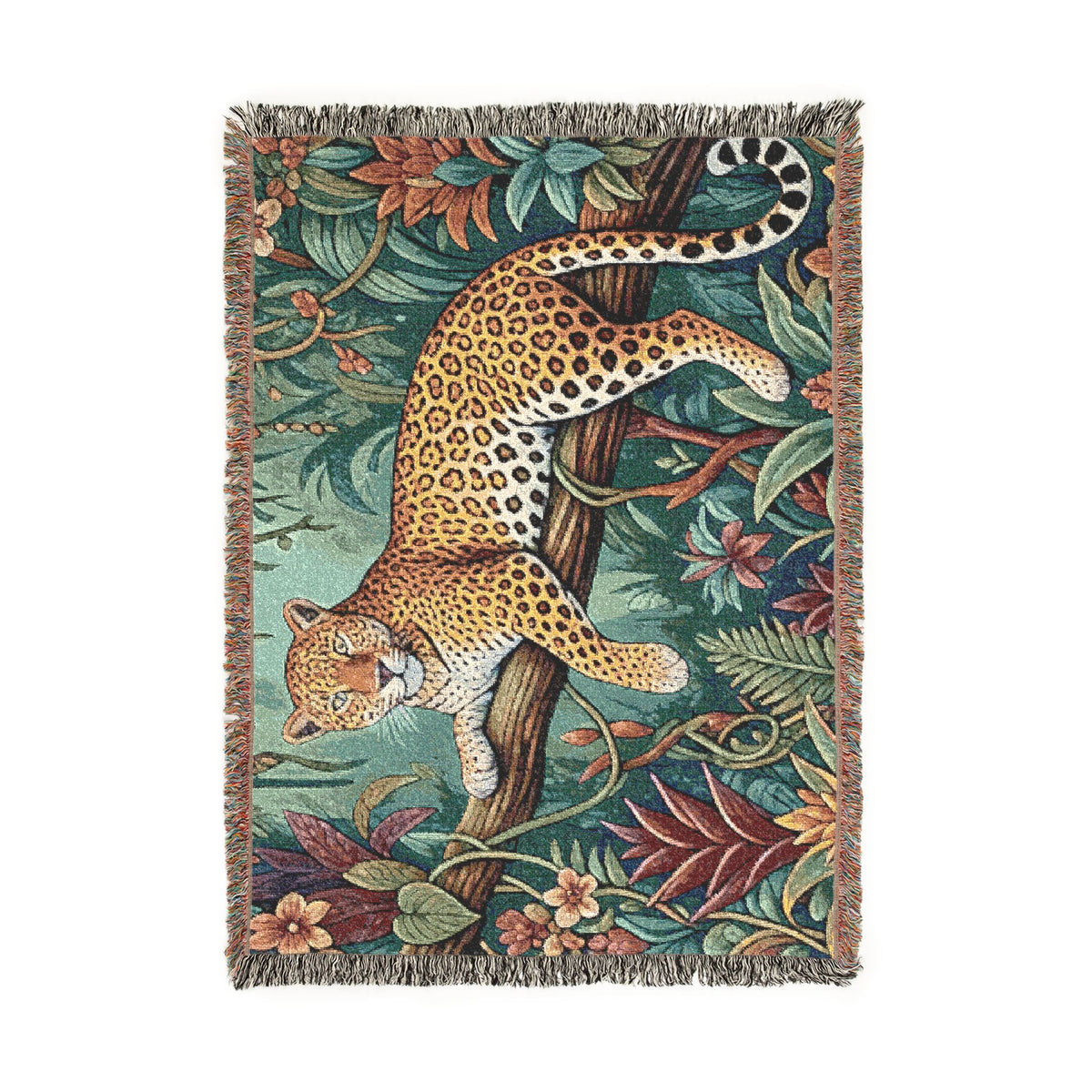 Leopard in Tropical Jungle Woven Blanket | Tapestry Throw with Fringe