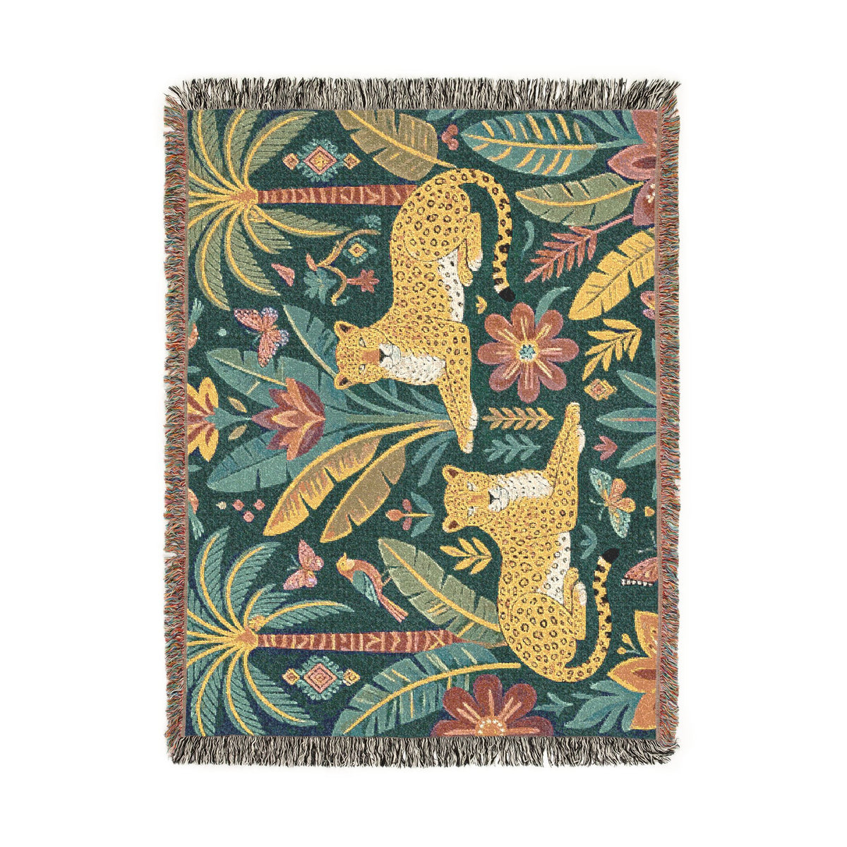 Tropical Leopard Tapestry woven blanket | jungle palm motif, floral tapestry throw