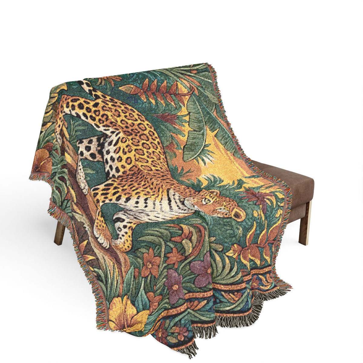 Jungle Leopard Woven Blanket | Tropical Floral Tapestry Throw
