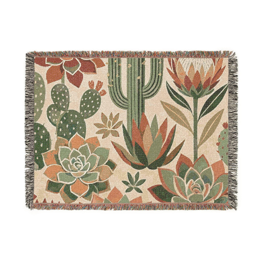 Southwestern Cactus Succulent Woven Blanket, Desert Botanical Throw, 100% Cotton Fabric