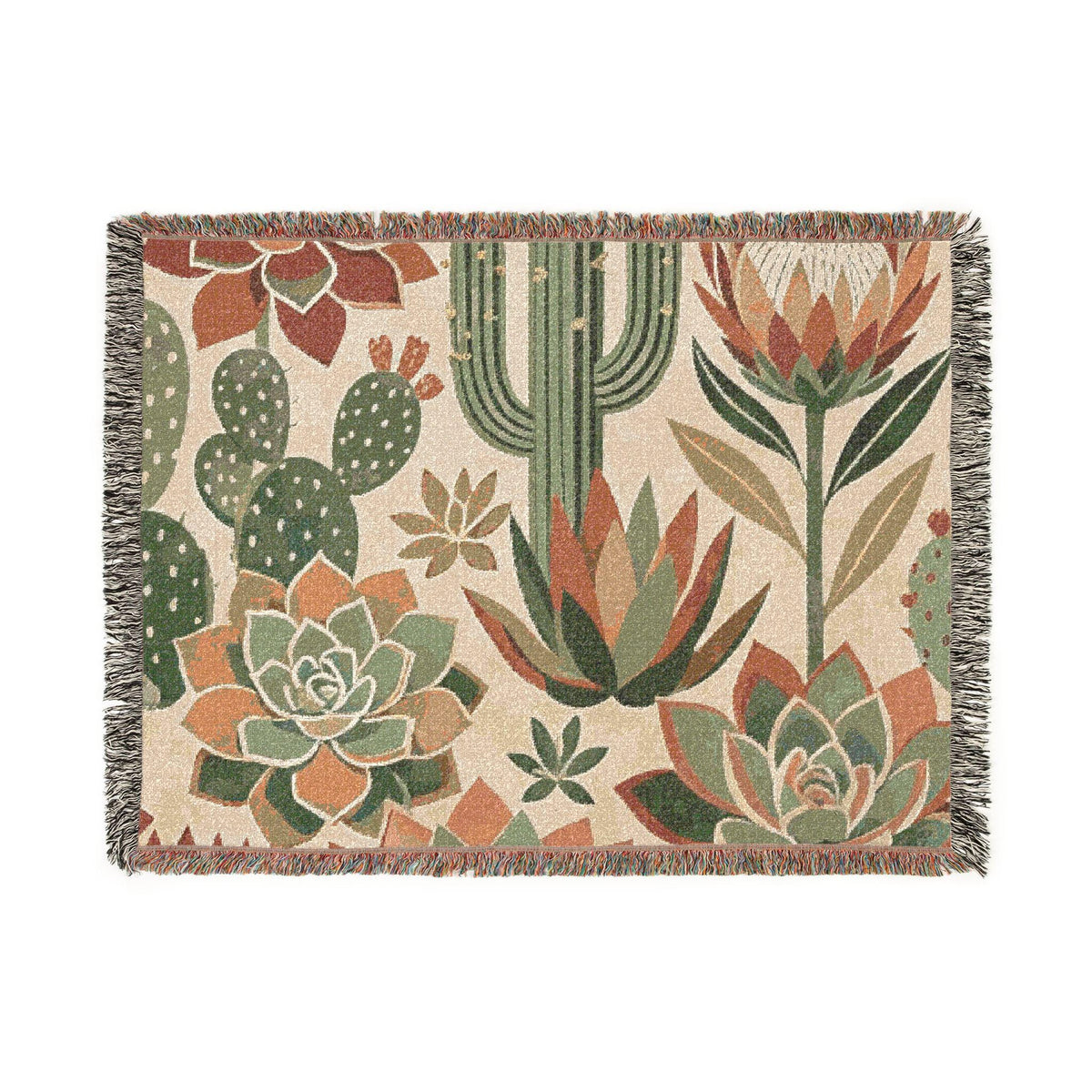 Southwestern Cactus Succulent Woven Blanket, Desert Botanical Throw, 100% Cotton Fabric
