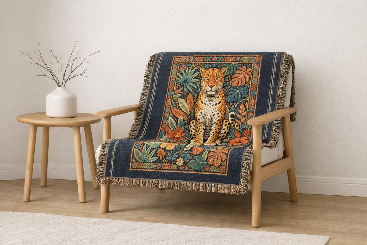 Vintage Mosaic Cheetah Woven Blanket | Jungle Leaves Tapestry Throw