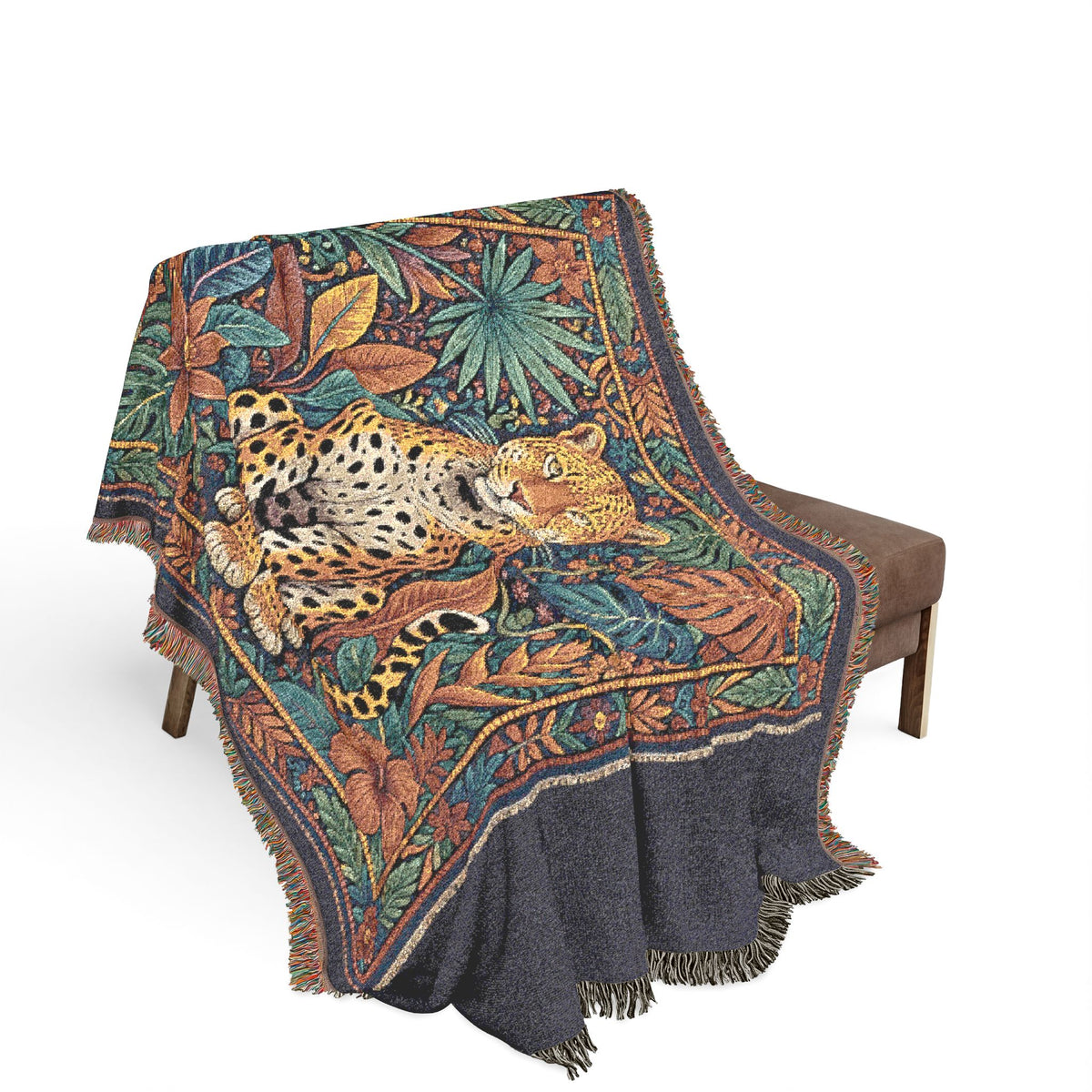 Vintage Mosaic Cheetah Woven Blanket | Jungle Leaves Tapestry Throw