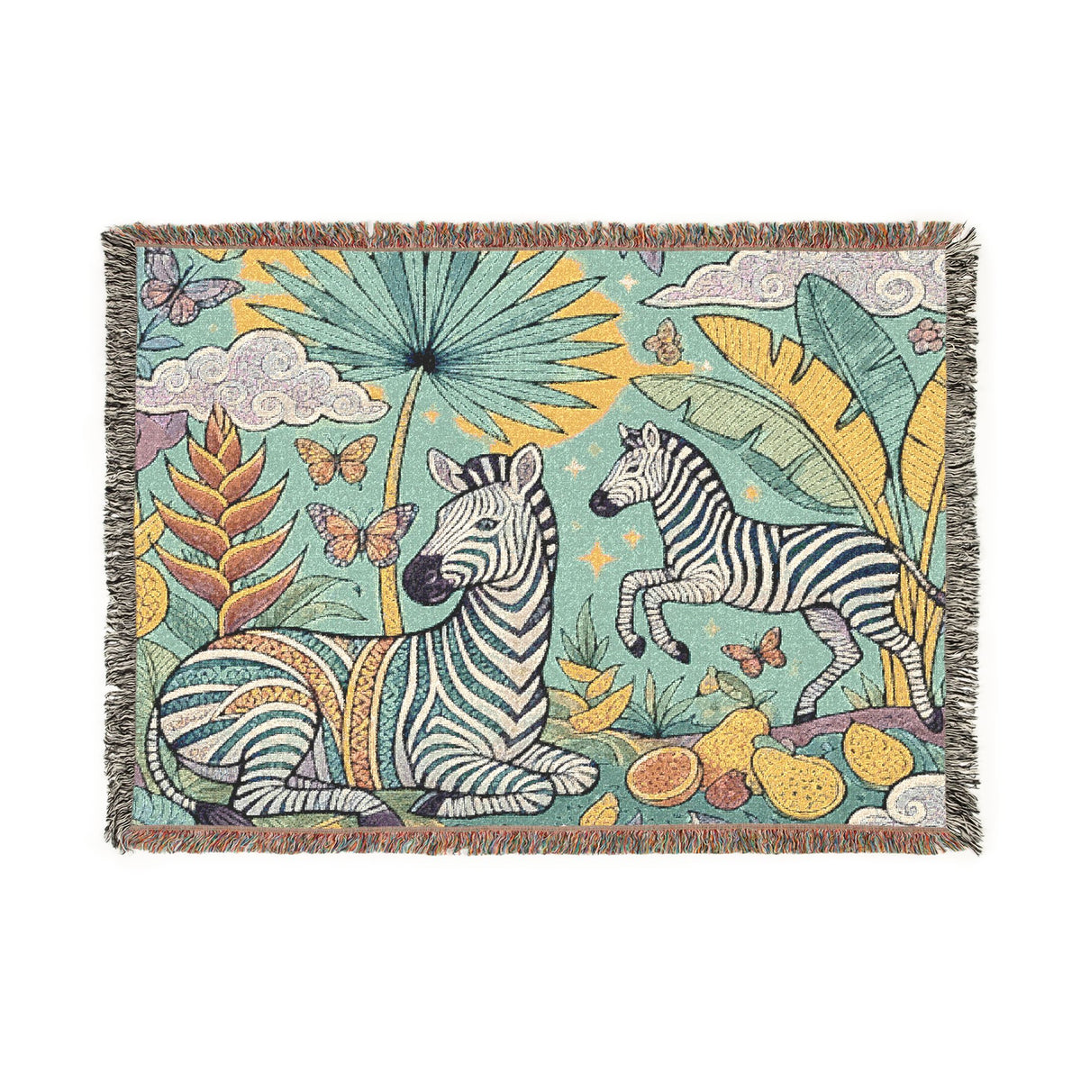 Jungle Zebras Woven Blanket | Tropical Animal Tapestry Throw