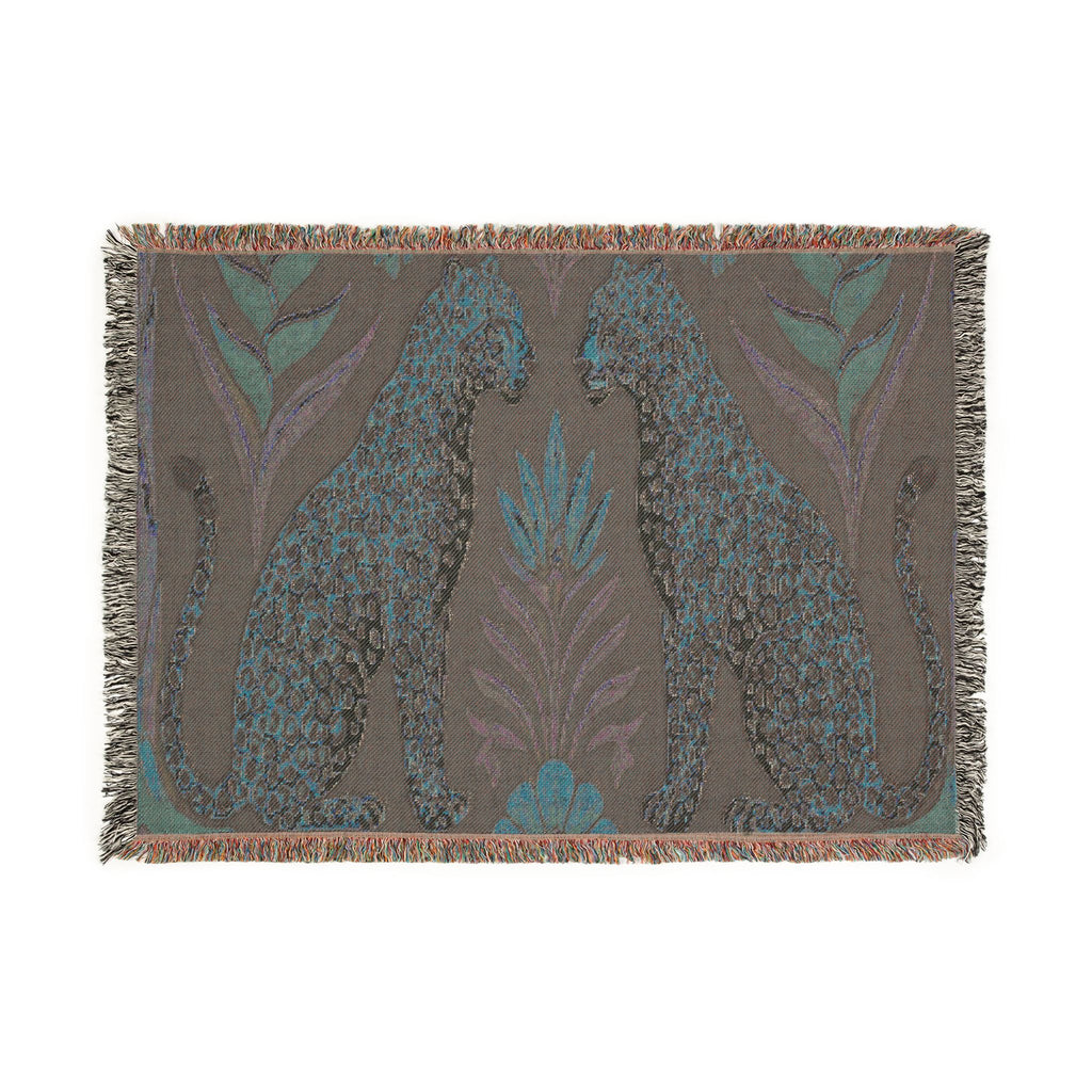 Two Sitting Leopards Woven Blanket | Botanical Motif, Tapestry Throw
