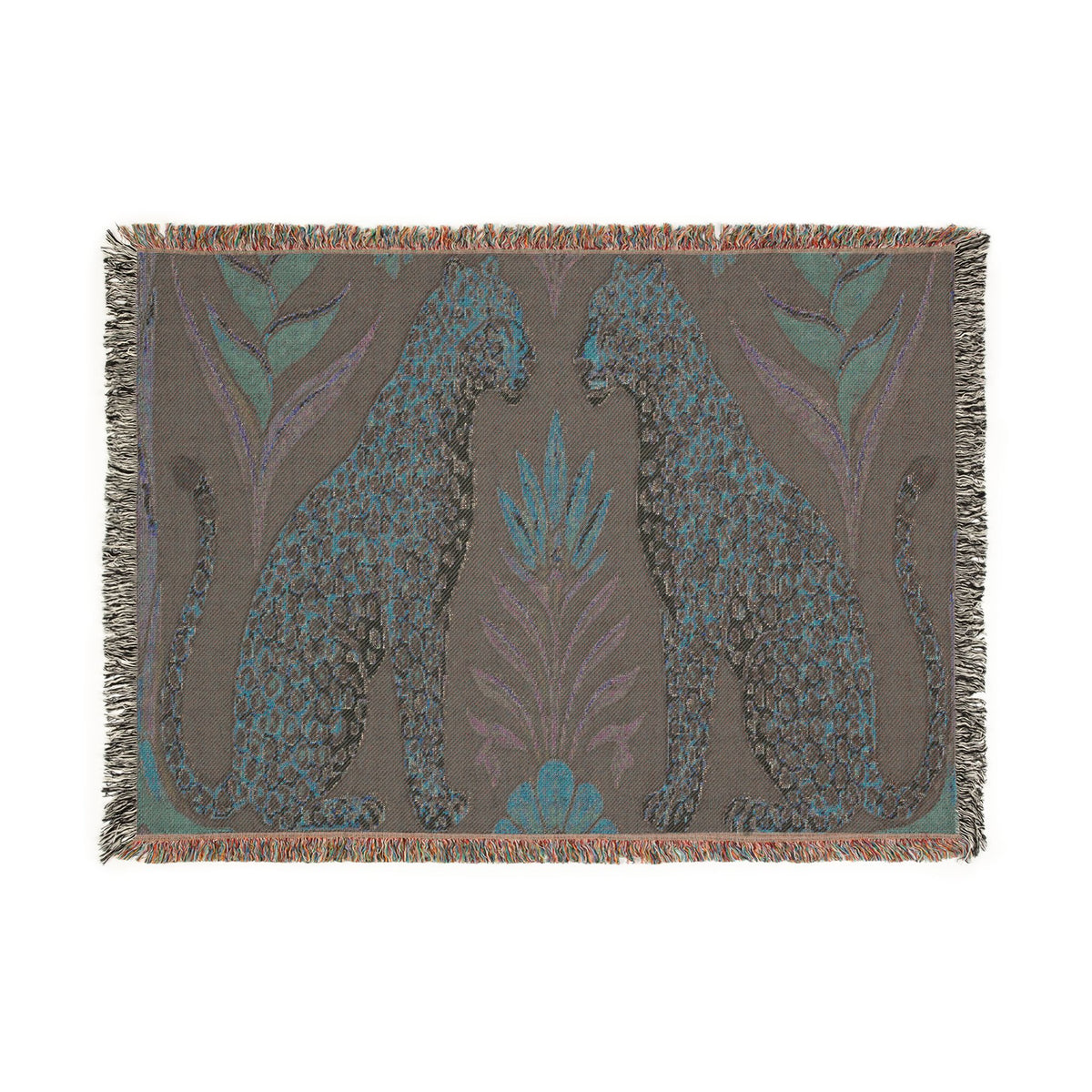 Two Sitting Leopards Woven Blanket | Botanical Motif, Tapestry Throw