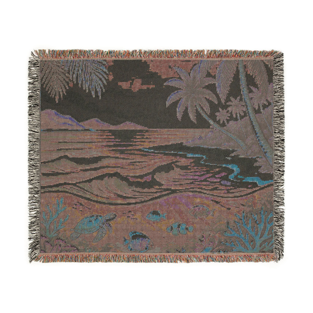 Tropical Beach Scene Woven Blanket | Ocean, Palm Trees, Coral Reef