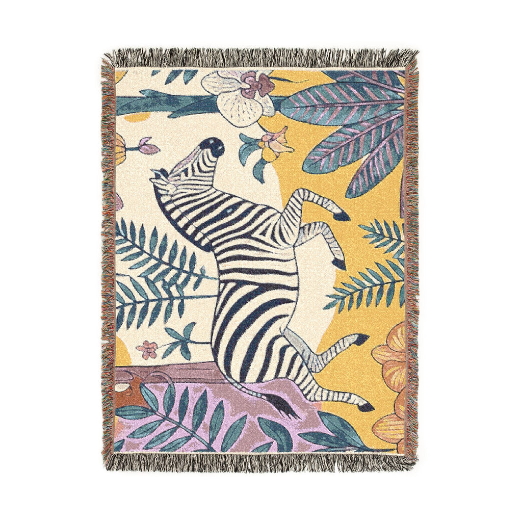 Zebra Jungle Illustration Woven Blanket | Botanical Animal Throw