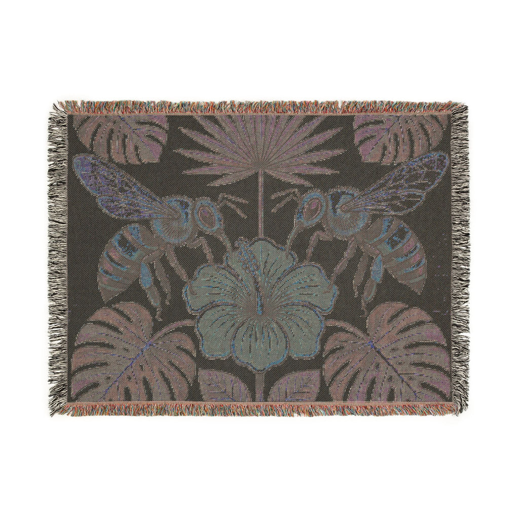 Hibiscus and Bees Woven Blanket | Tropical Floral Throw