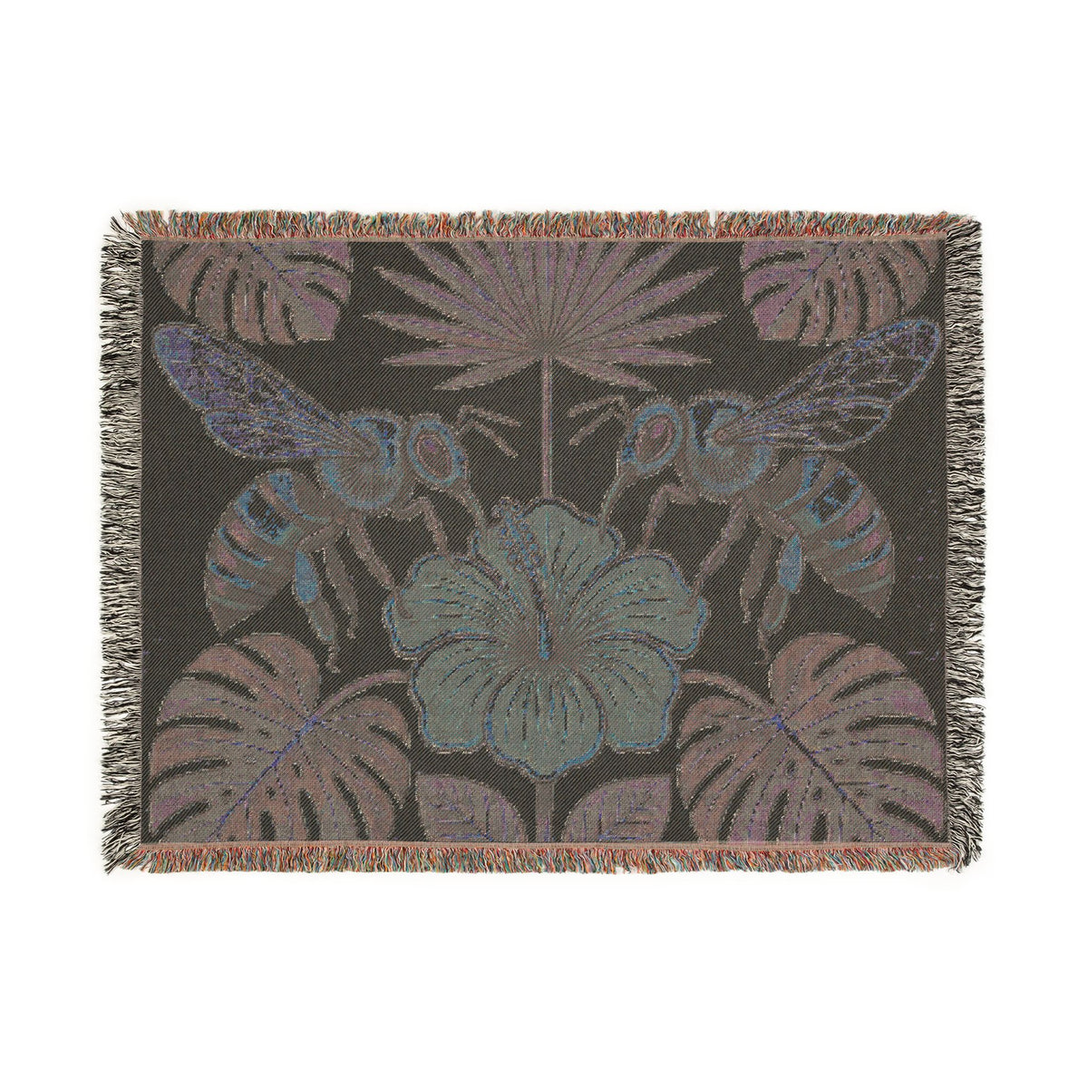 Hibiscus and Bees Woven Blanket | Tropical Floral Throw